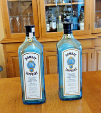 Bombay Saphire Gin Bottles 2x 1 Litre Blue embossed - Arts Crafts Bottlelights