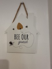 BEE OUR GUEST BEE THEMED DECORATIVE WOODEN HOUSE SHAPED HANGING PLAQUE