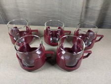 5 x Pyrex JAJ Vintage Glass Drinkups Cups  Burgundy Plastic Holders 1970's