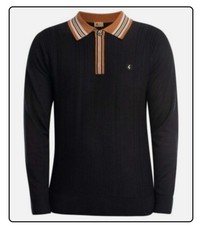 Gabicci Vintage "Dean" Long Sleeve Knitted Polo, Black, Medium, BNWT