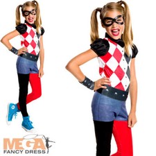 Harley Quinn Girls Fancy Dress DC Comic Book Day Supervillain Childs Costume New