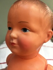 Antique 1920s 30s French Celluloid Baby Doll 28cm with hand knitted pram outfit