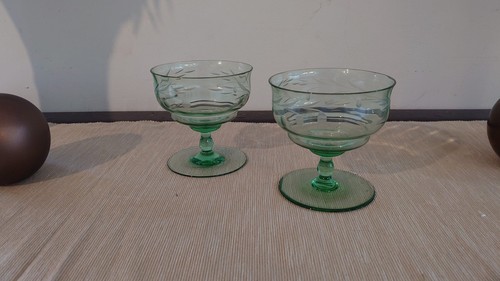 Two green glass dessert - dessert, bowls