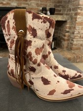 Cow Print Faux Pony Skin Cowboy Boots With Tassels. Size 38 (5) . Brand New. 