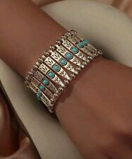 Turquoise Concho Navajo Silver Bracelet Stretch Boho Minimalist Womens Jewelry