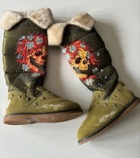 LADIES UK SIZE 3.5 (US 6) ED HARDY 'BEAUTIFUL GHOST' GREEN FLAME SKULL BOOTS 