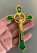 Large Goldtone and emerald green St Benedict Crucifix Cross   11.5 cms Irish