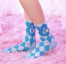 Pair of Care Bear Socks Bedtime Bear One Size Blue Harlequin Check Cute Gift