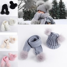 Toddler Knitted Beanie Cap Scarf Set Kids Baby Boy Girl Winter w. Pom Bobble Hat