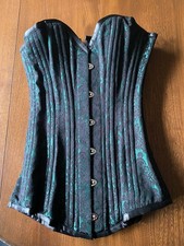 Longline Edwardian Style Overbust Corset- Green & Black Brocade- Size 20