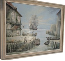 Original Signed Oil On Canvas Painting Of A Ship Moored Off A Historical Harbour