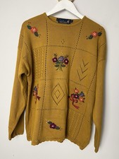 Tulchan cotton knit mustard gold jumper embroidered floral flowers large