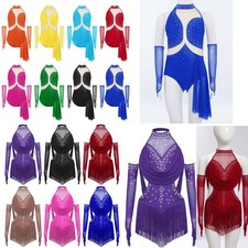 Kid Girls Lyrical Dance Outfits Rhinestones Cutout Back Mesh Leotard with Gloves