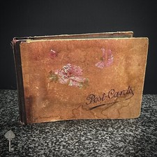 ANTIQUE POSTCARD ALBUM BROWN FLORAL COVER VICTORIAN ERA SINGLE CARD PAGES