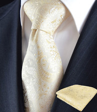 Men's Tie & Pocket Hanky Set Cream Woven Champagne Gold Silk Floral Paisley UK