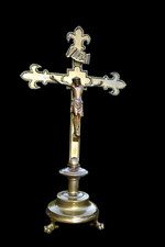 Antique bronze altar crucifix cross religious fleur lys symbol lion paws