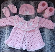 Handmade crochet matinee jacket, hat, mittens and booties 0-3 Months