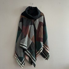 Free People Scotty Border Stripe Poncho Fringe Boho Cape Geo Tribal Festival OS