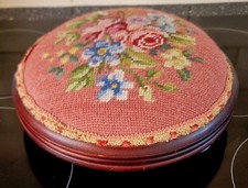 Victorian Style Round Footstool With  Floral Tapestry Top VTG 10" Diameter READ