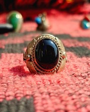 Vintage Navajo Sterling Silver Jet Ring Size W.5 Signed NAKAI