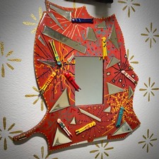 Vintage 90s Artist SIGNED Funky Eclectic Folk Art Women Whimsical Mosaic Mirror