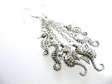 Free Mystery Pair + Vintage Look Cornish Seahorse Family Long Earrings Marine 