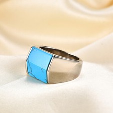 Men Square Cut Simulated Turquoise Ring Stainless Steel Statement Cocktail Party