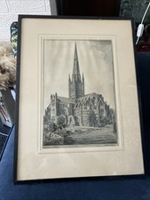 Framed Lithograph Norwich Cathedral By Preston Cribb Signed 1925