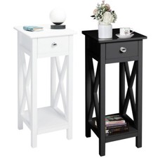 Side End Table Tall Slim Bedside Cabinet Telephone Lamp Stand 1 Drawer 1 Shelf
