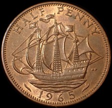 UK Half Penny 1965 Elizabeth II Bronze Coin WCA A906