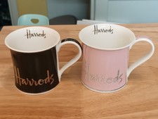 Exceptionally Rare Pair HARRODS Logo Pink & Black  English Fine Bone China Mugs