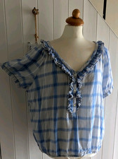 SIZE 20 BLUE & WHITE CHECK DOUBLE RUFFLE LIGHTWEIGHT SHIRT by MONSOON