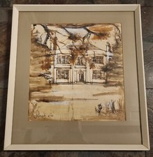 Framed Watercolour of Grand House Amongst the Trees and Beach - Abstract -Signed