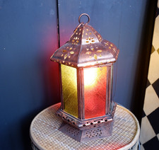 Vintage Moroccan Table Lamp Copper Finish Rustic Metal & Glass Light Hexagonal