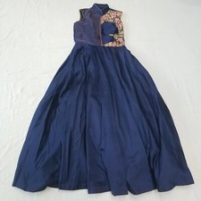 Xmas Blue Dress Oriental Style Maxi Formal Occasion Dress Navy Gold Embroidered