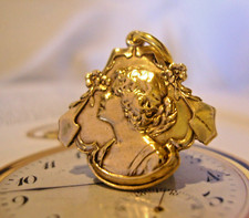 Pocket Watch Chain Fob 1910 Art Nouveau Ornate Maiden Chunky Brass Fob Nos