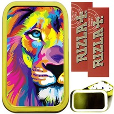 RAINBOW LION 1oz GOLD TOBACCO TIN, 2 X RIZLA PAPERS & FILTERS