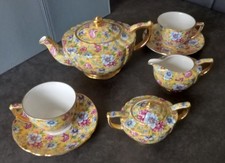 James Sadler Sophie Yellow Chintz Teapot Pink Blue Flowers Gold Vintage England
