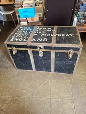 Mid Century Tin Steamer Trunk Metal Edgings Wood & Paper Lined Leather Handles