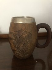 Vintage German Hand Carved Wooden Beer Mug Floral Design Metal Insert Stein