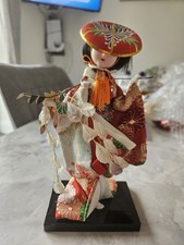 Japanese Traditional Geisher Girl Doll 8 Tall On Wooden Base Vintage