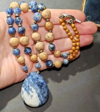Sodalite Fossil stone & blue Gemstone bead pendant necklace