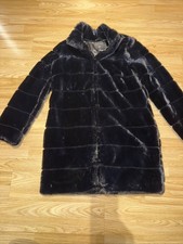 Ladies Black Faux Fur Coat Glossy Shiny Look Size 14