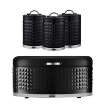 GEEPAS 4 Pc Tea Coffee Sugar Canister 1.3L & 9L Bread Bin Set Argyle Black