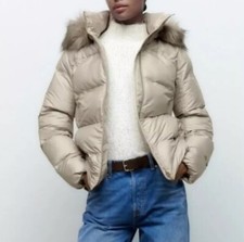Zara Beige Padded Puffer Jacket DETACHABLE FAUX FUR And HOOD Size S UK