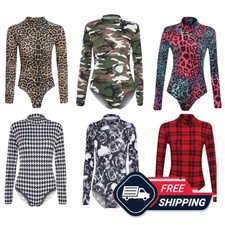 Womens Long Sleeve Polo Neck Bodysuit Ladies Turtle Leotard Printed Top UK 8-26