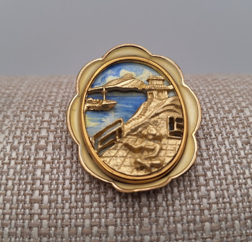 Gold tone brooch - painted, sky