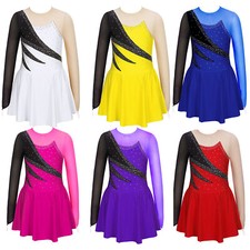 UK Girls Figure Ice Skating Dress Contrast Color Irregular Hem Dance Costume