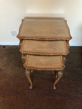 Set Of 3 / Nest Burr Walnut Coffee Tables. Solid Walnut With Glass Tops