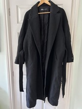 Zara Belted Wrap Coat Black Wool Mix Long Overcoat Lined Pockets NEW UNWORN 